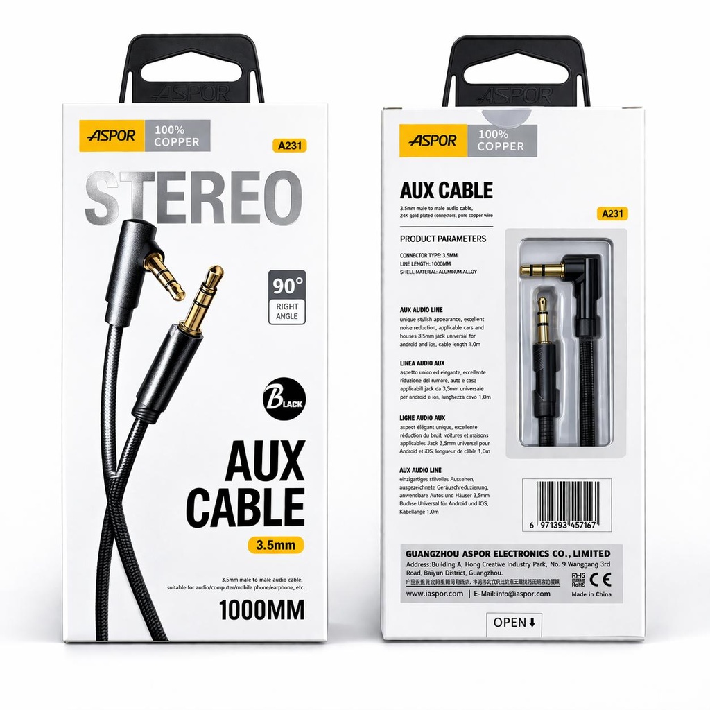 Cable Auxiliar ASPOR 1x1 Acordonado 1M Jack 3.5mm L