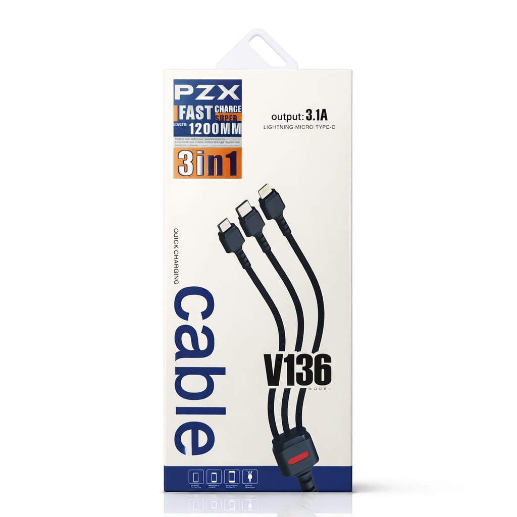 PZX Cable V136 Carga Rapida 3en1  6A de 1.2m